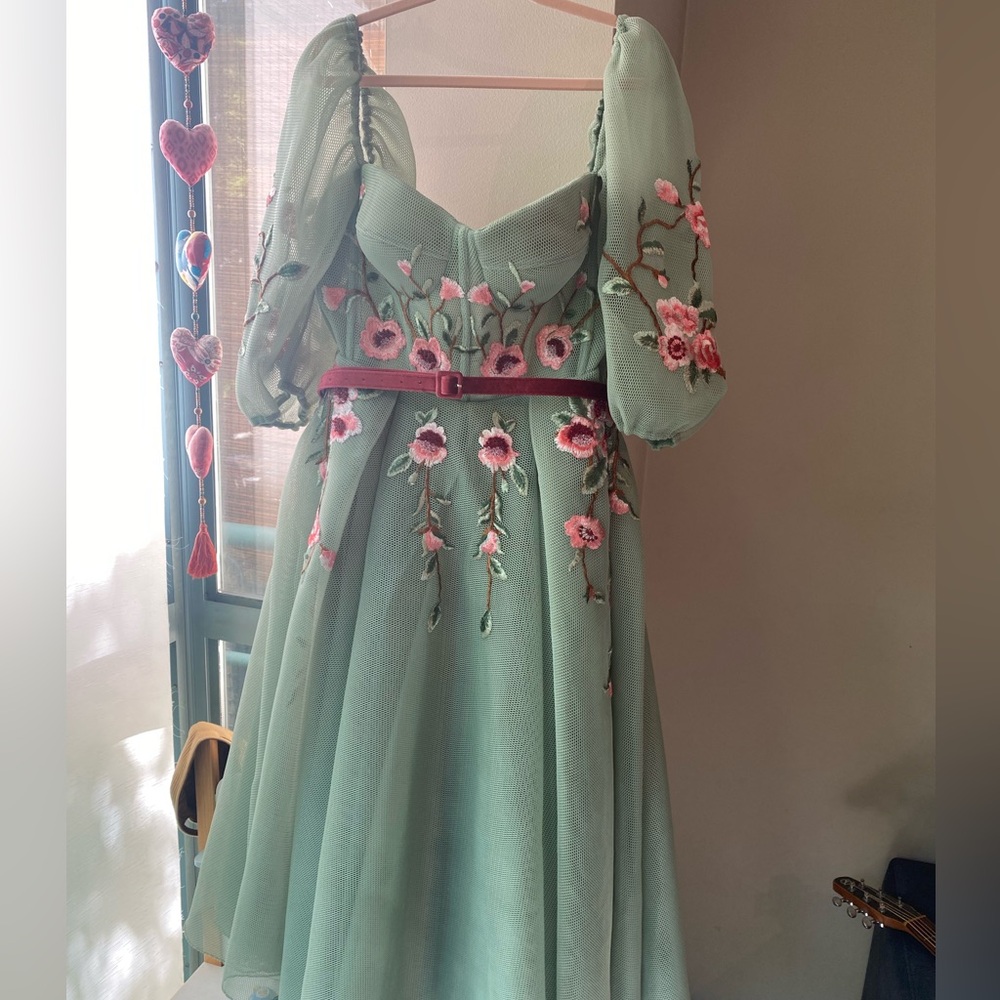 Teuta Matoshi Sage Green Maxi Dress with Pink Floral Embroidery - Picture 11 of 12